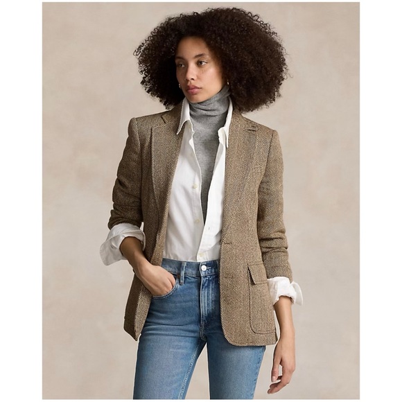 Lauren Ralph Lauren Women’s Sz 4 Petite Brown Silk Herringbone Blazer Jacket - Picture 1 of 13
